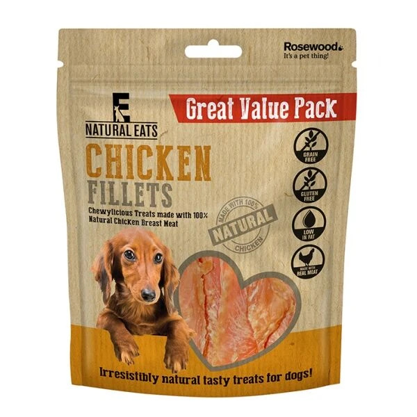 6 X Rosewood Natural Eats Chicken Fillets Value Pack Dog Treats 400g