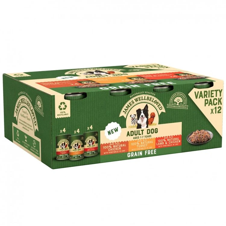 12 X James Wellbeloved Adult Dog Can Turkey Lamb & Chicken In Loaf 400g