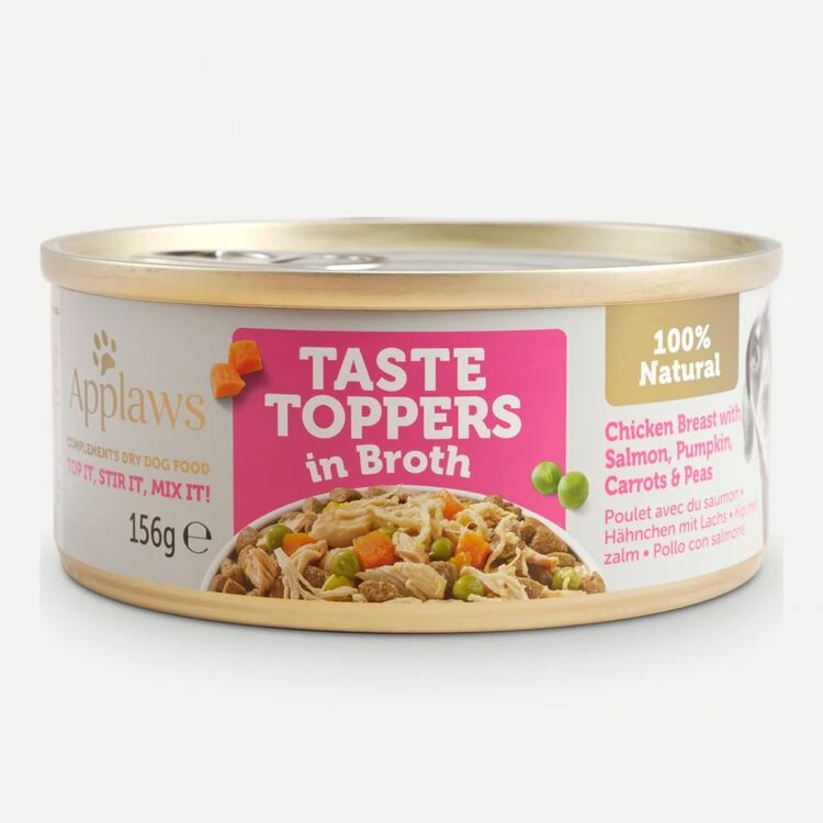 12 X Applaws Taste Toppers Natural Chicken Salmon & Veg In Broth Tin Dog Food 156g