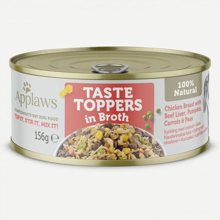 12 X Applaws Taste Toppers Natural Chicken Ham & Veg In Broth Tin Dog Food 156g